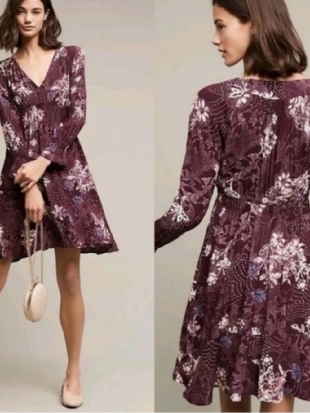 Maeve Anthropologie Monaco Dress Sz XL Long Sleeve Purple Floral Flutter Swing